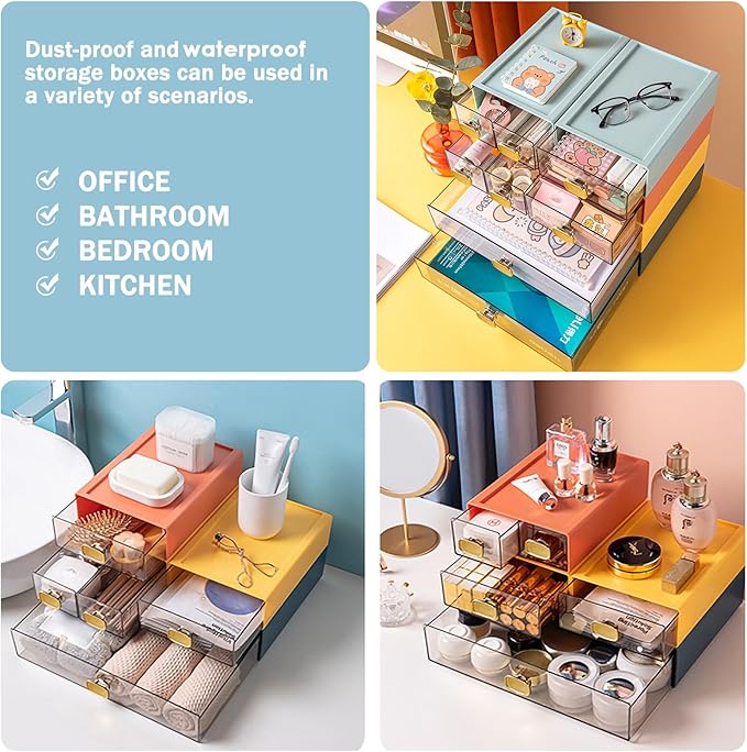 DETEIN 2 PACK Stackable Desk Organizer with Drawer Desktop Storage Drawer Box Plastic Desk Stationery Organizer for Office Supplies, Pens, Mails, Makeup, Letters (Blue, M - 1 Drawer, Pack of 2)