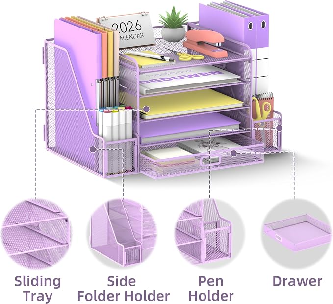 Mesh Desk Organizer with File Holder, 5-Tier Paper Letter Tray Organizer with Magazine Holder, Desktop Organizer and Storage with Drawer for Office Supplies Home or School (Purple) | Two side magazine holders and a bottom drawer store papers, folders, ...