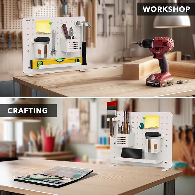 Mount-It! Clamp-On Desk Pegboard Organizer, White | Adaptable desk storage with shelf, cup holder & hooks for home office, gaming & crafting essentials.