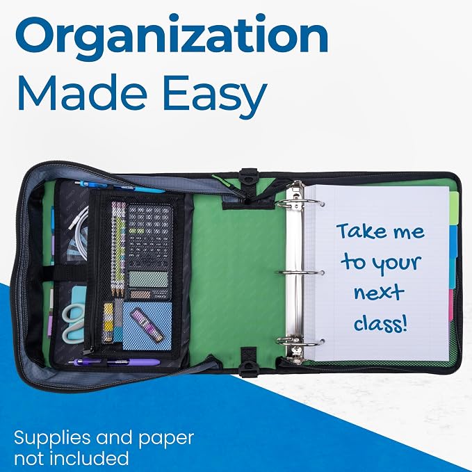 Case-it School Zipper Binder | 3" O-Rings | 600-Sheet | D-146 Canopy Green | Mighty Zip Tab, 5-Subject Expanding File Folder, Multiple Pockets, Storage Organizer, Shoulder Strap, Office