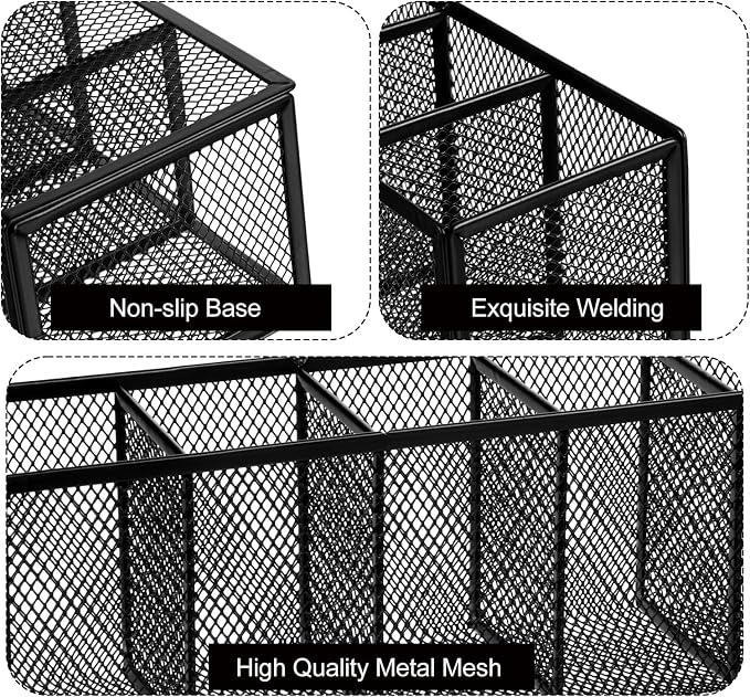 2 Pcs Black Metal Mesh Desk Organizer Pen Holder 6 Compartments Pencil Holder for Desk, pen organizer for Office Supplies, Pencil Caddy, Makeup Brush Storage, Home and Classroom Accessories
