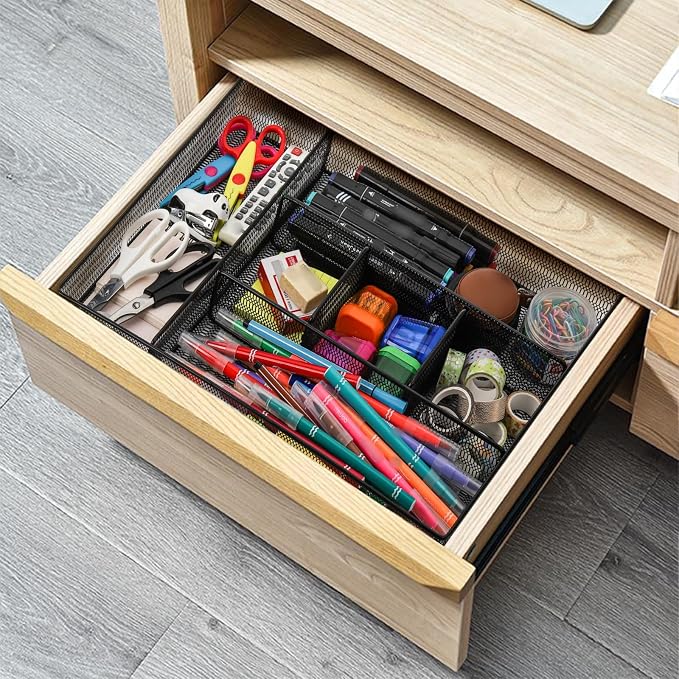 Hiceeden 2 Pack Mesh Desk Drawer Organizer, 16.1"x12.2"x2" Large Desk Organizer Tray with 2 Removable Dividers, 6 Compartment Metal Organizers for Home, Office, Makeup & Vanity
