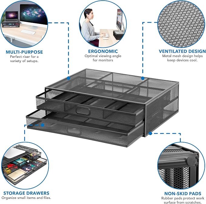 MOUNT-IT! Computer Monitor Stand With Drawers, Metal Mesh Riser and Organizer for Laptops and Computer Screens, Laptop, and Printer Accessories and Office Supplies (Black)