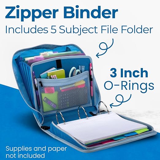 Case-it Zipper Binder | 3-Inch O-Rings | 600-Sheet | D-146 Watercolor Sky | Mighty Zip Tab, 5-Subject Expanding File Folder, Multiple Pockets, Storage Organizer, Shoulder Strap, School & Office