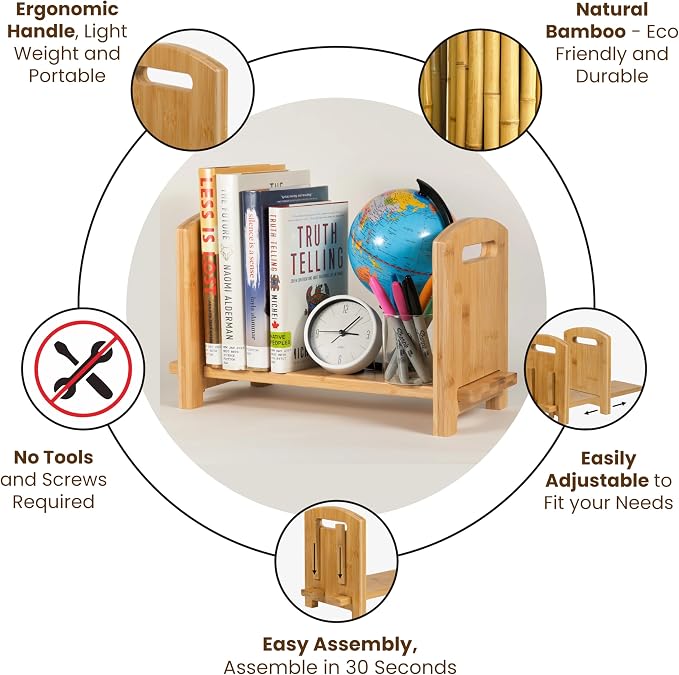 Adjustable Desktop Bookshelf - Sturdy Desk Bookshelf and Book Organizer - No Tools Required to Assemble This Desktop Bookcase, Perfect Tabletop Book Shelf for Office, Study Room