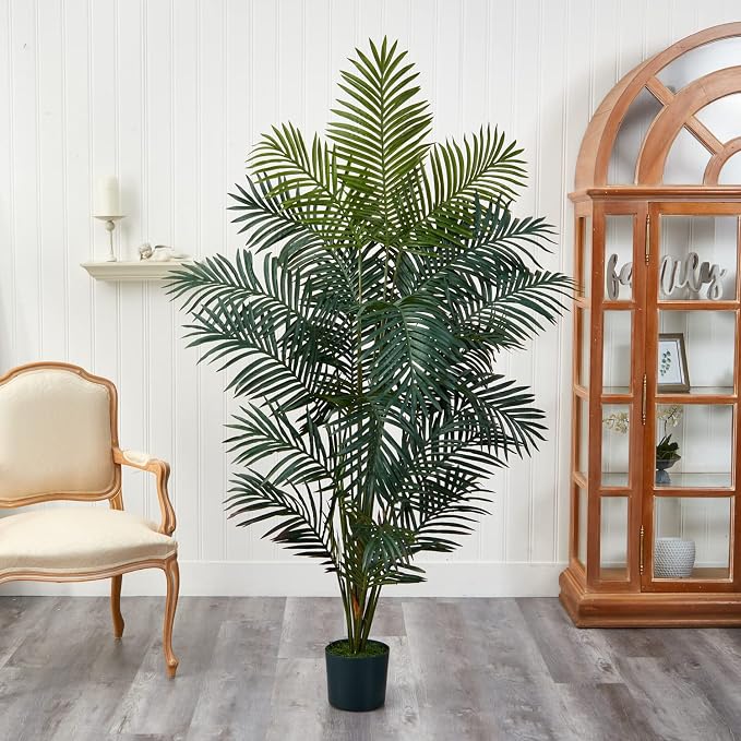 Nearly Natural 7 ft Artificial Paradise Palm Tree with Nursery Pot | 21 Feathery Fronds, Realistic Fake Leaves, Includes Black Nursery Planter, Stately Decor for Indoor Home or Office spaces