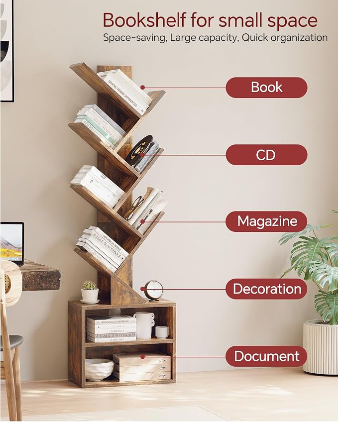 SUNMORY 6 Tier Tree Bookshelf, Tall Small Bookcase with Storage Cabinet | Modern Narrow Bookshelves Organizer, Floor Standing Book Case Shelf for Bedroom Living Room Home Office Corner, Rustic Brown