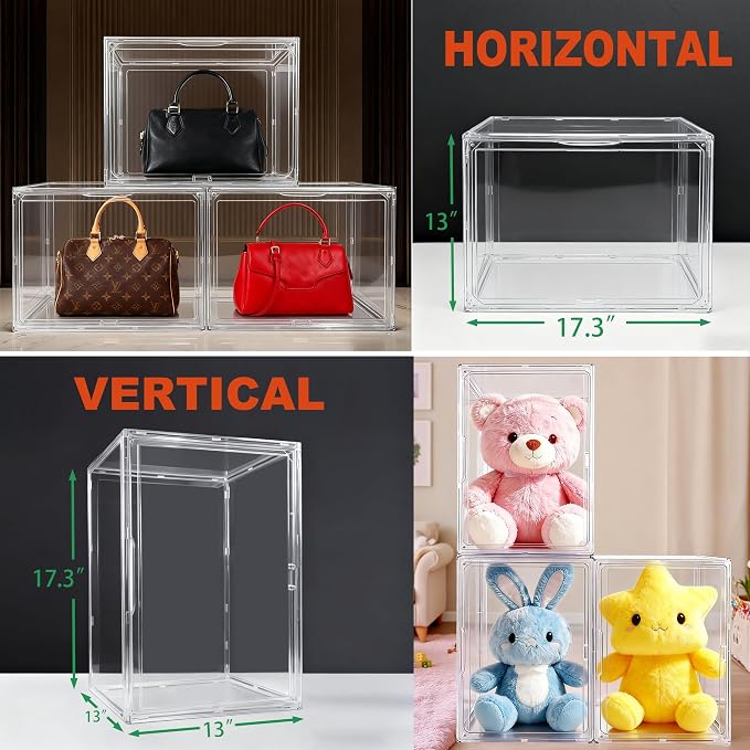 4 Pack XXX-Large Acrylic Handbag Purse Organizer for Closet | 17.3''x13''x13'' Big Display Case Handbag Storage Box with Magnetic Lid,Clear Storage Bins for Bag,Helmet,Figure Collectibles
