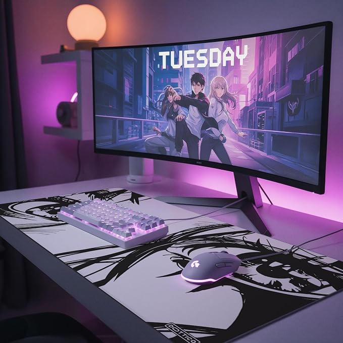 XL Anime Mouse Pad, Black and White Manga Eyes Desk Mat 31.5x15.7 in – Large Aesthetic Gaming Desk Pad with Non-Slip Rubber Base, Stitched Edges & Waterproof Cloth Surface
