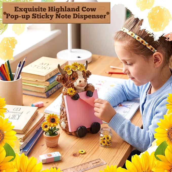 Thenshop Fall Sunflower Highland Cow Pop up Sticky Note Dispenser | Fall Resin Highland Cow with 100 Sheets, Sticky Note Holder, Highland Cow Desk Accessories, Classroom School Gift, 3 x 3 Inch