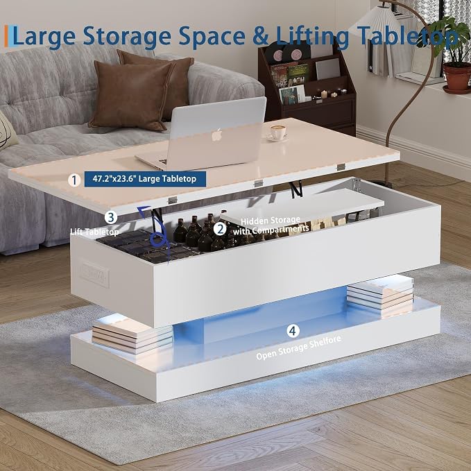 GarveeHome 47.2 Inch Large Lift Top Coffee Table Modern High Glossy LED Storage Table with Remote Control for Living Room Dining Room Home Office White 47.2" l*19.29" w*17.72" h