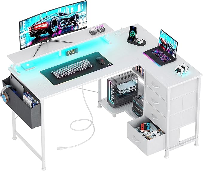 VERMESS 47" Reversible L Shaped Gaming Computer Desk, Corner Desk with Power Outlets & Monitor Stand, Writing Study Table with 4 Storage Drawers, Desk with LED Lights, White