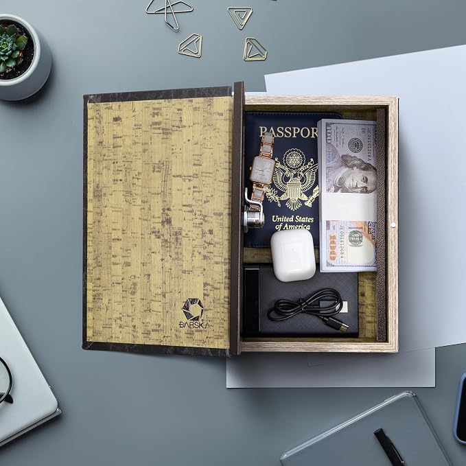Barska Antique Book Lock Box with Key Lock | Steel safe with magnetic closure and key lock for passports, jewelry and cash