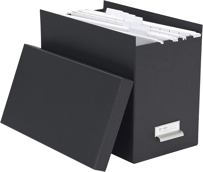 Bigso John Fiberboard Label Frame Desktop File Storage Box - Document Organizer for Important Paperwork - Durable Hanging File Box with a Lid & Metal Label Window - 7.36 x 13.38 x 10.51 in - Dark Grey