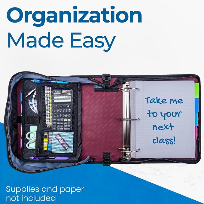 Case-it School Zipper Binder | 3" O-Rings | 600-Sheet | D-146 Red Burgundy | Mighty Zip Tab, 5-Subject Expanding File Folder, Multiple Pockets, Storage Organizer, Shoulder Strap, Office