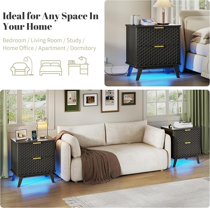 Smart Nightstand with Charging Station and LED Lights | 23.62" Wide Night Stand with 2 Drawers, Motion Sensor Motion-Activated Underlight, Honeycomb Bedside Table for Bedroom, Black