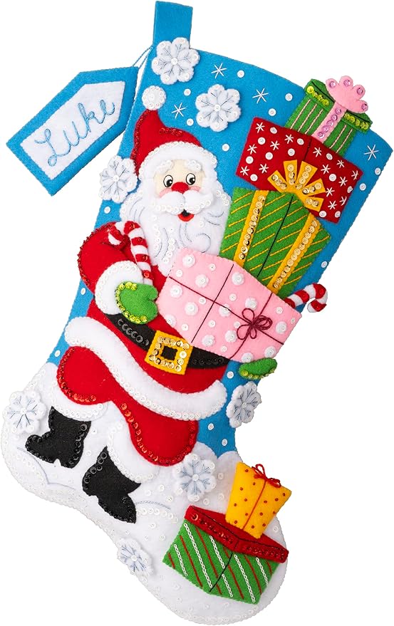 Bucilla Felt Applique Stocking Kit, Santa's Gift Galore 18" Felt Applique Stocking Making Kit, Perfect for DIY Arts and Crafts, 89560E