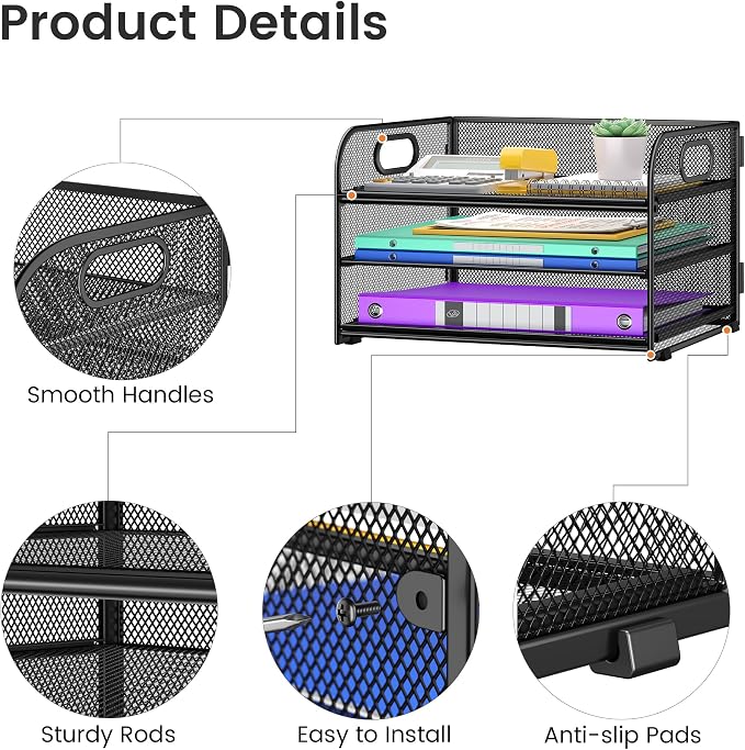 Cawukege 2 Pack 3 Tier Paper Organizer with Handle, Metal Desk Organizer Mesh Paper Letter Tray Desktop File Folder Document Sorter for Classroom, School, Office Accessories Storage (2, Black)