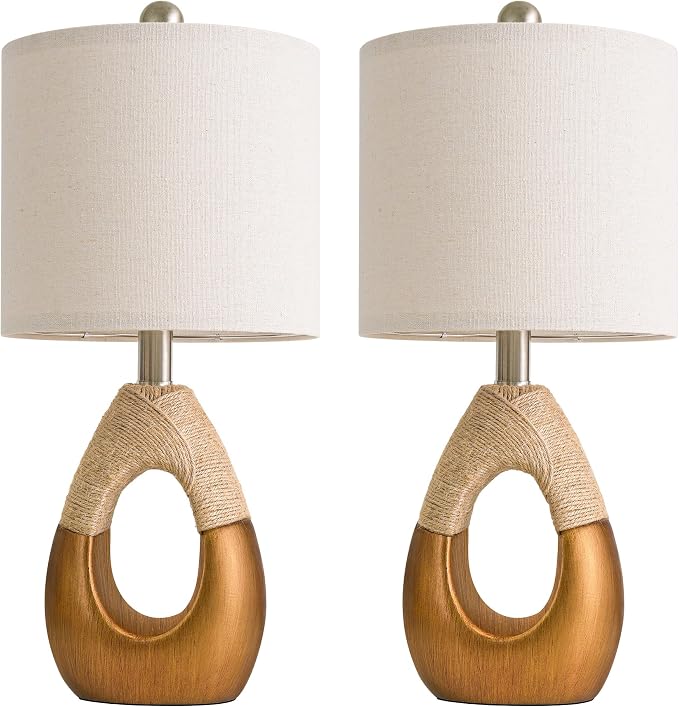 19" Table Lamps Set of 2, Boho Lamps for Living Room, Rustic Bedside Lamps for Bedroom, Farmhouse Rattan Table Lamp, Small Space Nightstand Lamp for Home Office (Bulb Not Included, Gold)