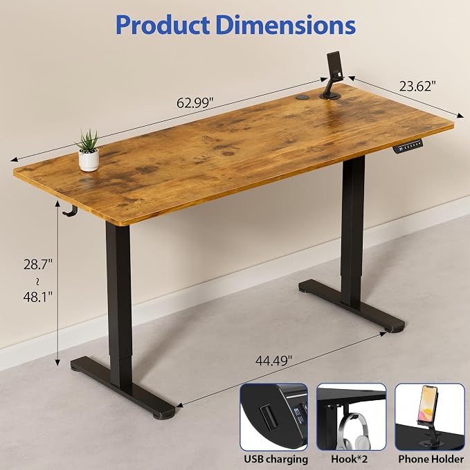 YESHOMY Height Adjustable Electric Standing Desk, 63 x 24 Inches Memory Home Office Sit Stand up Desk with Phone Holder and USB Charging Port, Rustic Brown