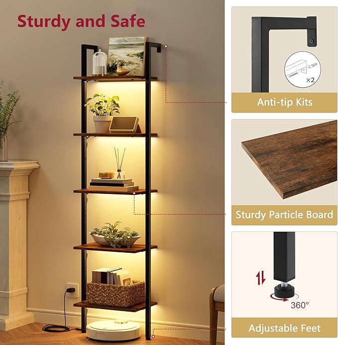 5 Tier Ladder Bookshelf with Light, Wall Ladder Shelf Rustic Brown