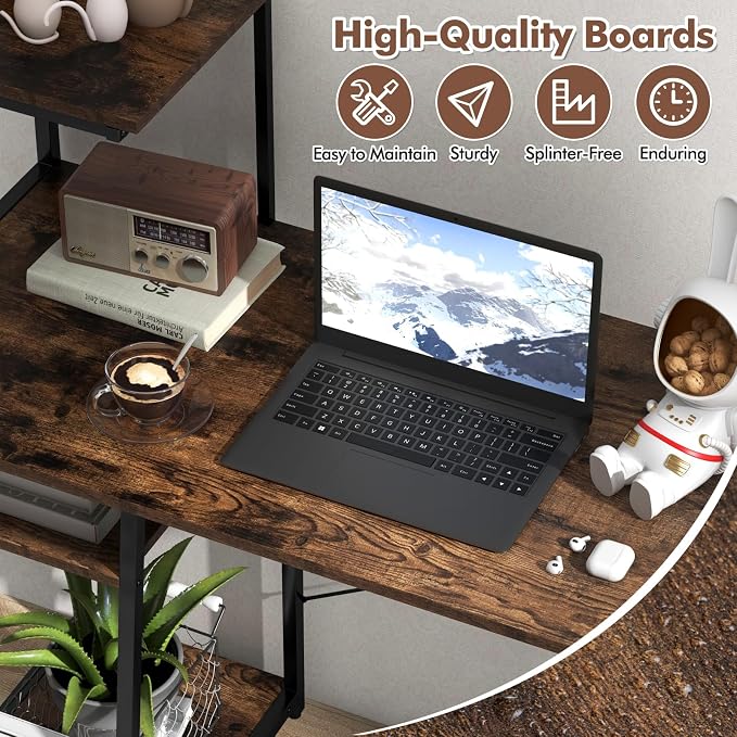 Giantex Computer Desk with Shelves, 47.5” Home Office Desk with Bookshelf, Host Stand, Metal Frame, PC Laptop Workstation, Modern Study Writing Desk for Bedroom, Small Space (Rustic Brown & Black)