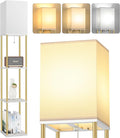 Floor Lamp with Shelves, 3-Tier Square Bookshelf Standing Lamp White & Gold | 3 Color Temperature Bulb Included, Pull Chain Mid Century Tall Lamp for Living Room Bedroom Corner Office Apartment Decor