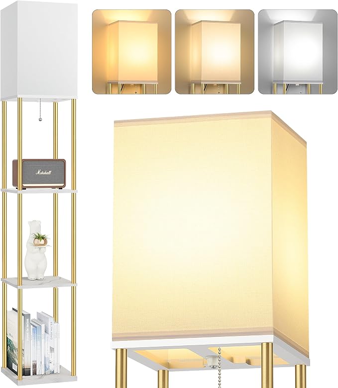 Floor Lamp with Shelves, 3-Tier Square Bookshelf Standing Lamp White & Gold | 3 Color Temperature Bulb Included, Pull Chain Mid Century Tall Lamp for Living Room Bedroom Corner Office Apartment Decor