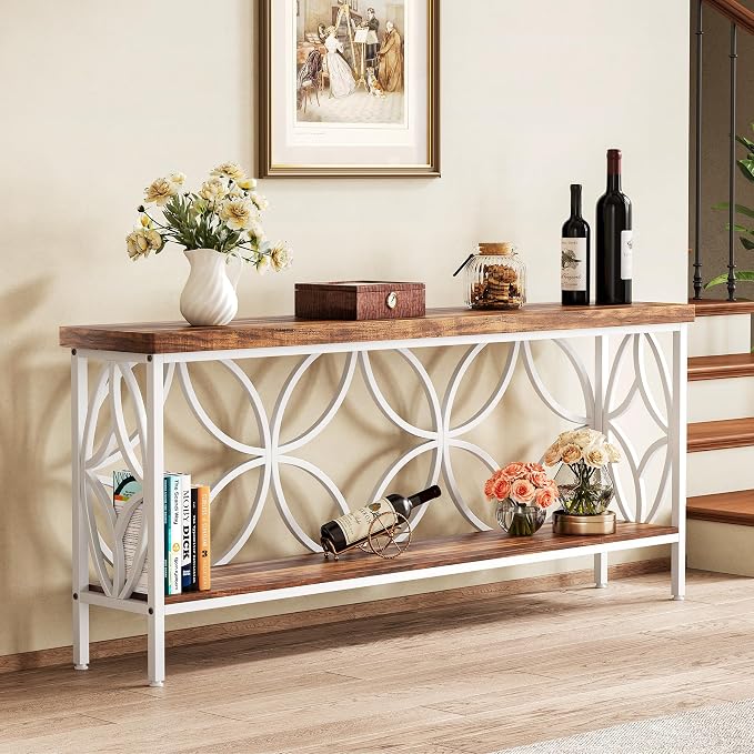 LITTLE TREE Sofa Table, 70.9 Inch Industrial Behind Couch Table with Storage Shelves, Narrow Long Console Table for Entryway, Living Room, Foyer, Hallway, Office