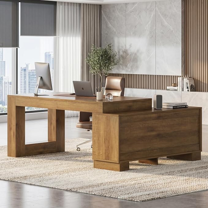 LITTLE TREE L Shaped Executive Desk, Large 63" Executive Desk with File Cabinet, Modern L Shaped Desk, Corner Computer Desk for Home Office & Business Furniture Workstation, Brown