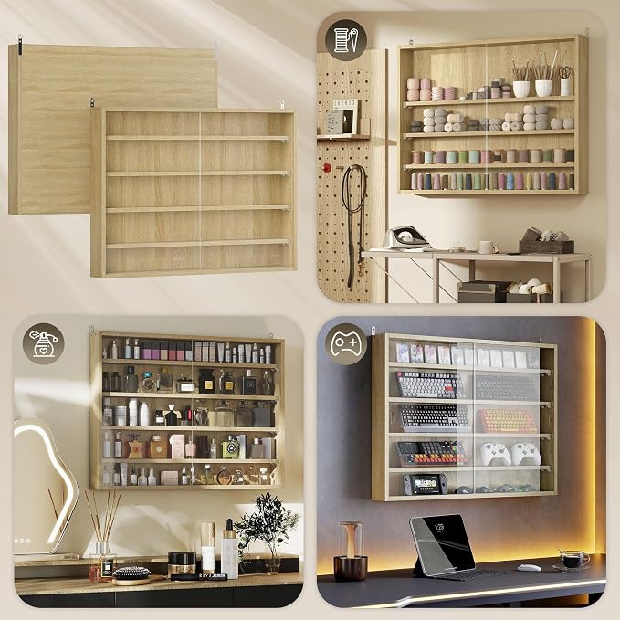 HOMCOM 5-Tier Wall Mounted Display Cabinet Glass Doors 60x80cm Oak | Display Case, 4 Adjustable Shelves, for Home Office Ornaments