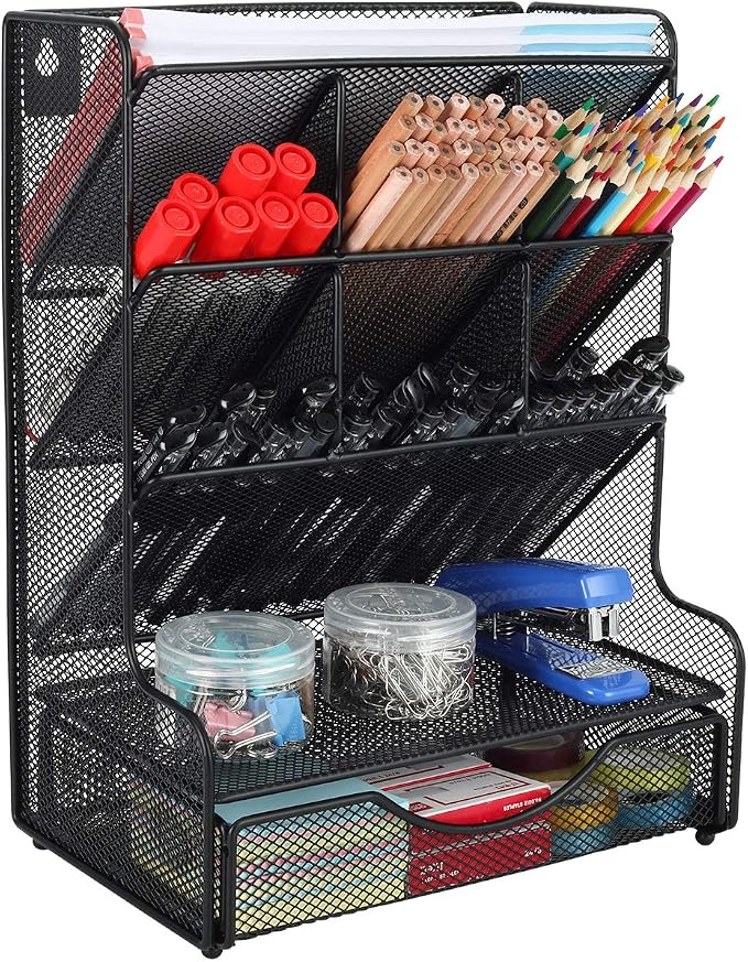 Desk Organizer with Drawer Office Supplies and Accessories Storage Caddy Hanging Wall Shelf Metal Mesh Pencil Holder for Kids, 9 Compartments, Black