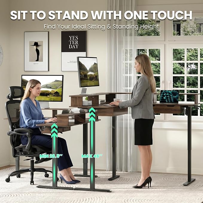 MALOL 59" L Shaped Electric Standing Desk with Drawers, Height Adjustable Desk with Power Outlets & LED Lights, Monitor Stand, Corner Computer Desk for Home Office, Walnut