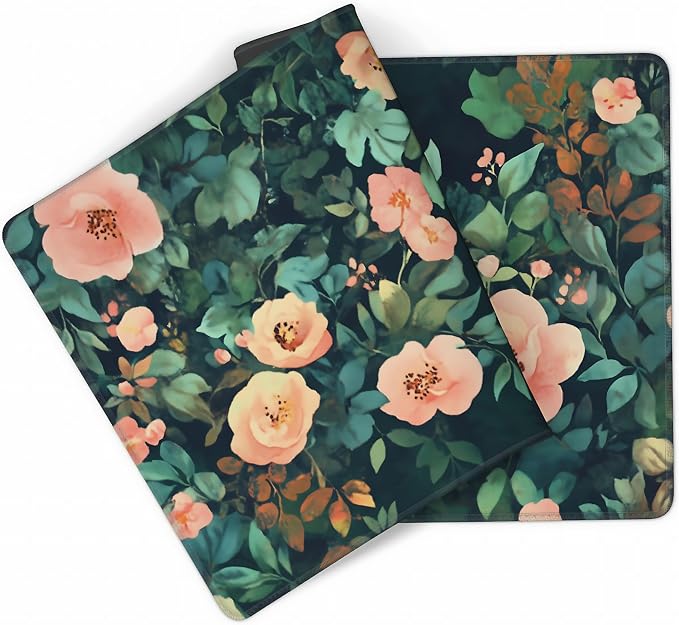 Cute Floral Aesthetic Rose Gaming Mouse Pad, Forest Green Moody Forest Desk Mat with Anti-Slip Base & Stitched Edges,35.4" x 15.7" in Table Mat for Computer Desktop, Beautiful Workstation Decor