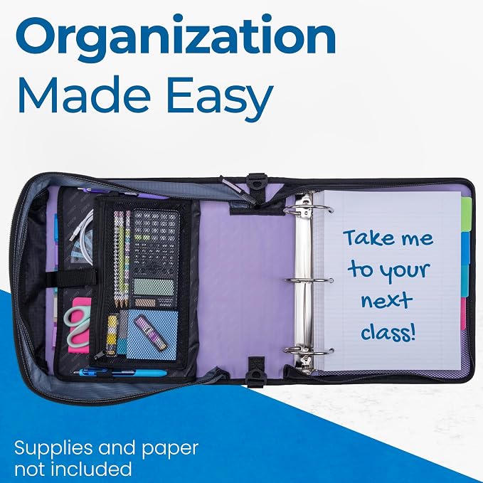 Case-it School Zipper Binder | 3-Inch O-Rings | 600-Sheet | D-146 Lavender | Mighty Zip Tab, 5-Subject Expanding File Folder, Multiple Pockets, Storage Organizer, Shoulder Strap, Office