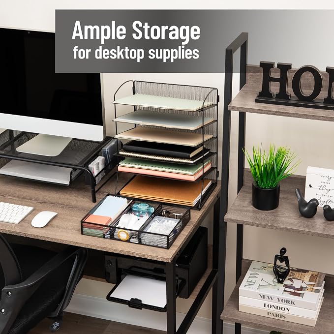 Mind Reader 5 Tier Desk Organizer, Black | Sliding Trays and Drawer, Metal Mesh File Sorter, Angled Shelves, Divided Storage