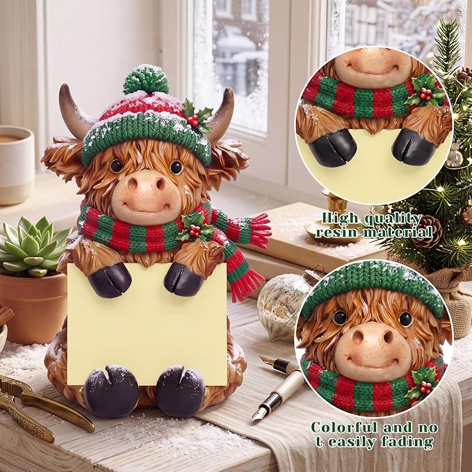 Thenshop Christmas Highland Cow Pop up Sticky Note Dispenser with 100 Sheet | Christmas Sticky Note Holder, Highland Cow Desk Accessories, Resin, Red Green Scarf Hat, Back to School Classroom, 3 x 3 Inch