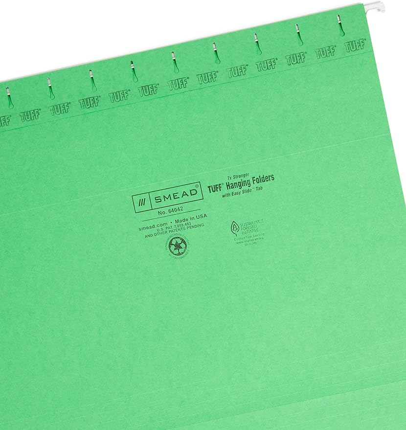 Smead TUFF Hanging File Folder with Easy Slide Tab, 1/3-Cut Sliding Tab, Letter Size, Green, 18 per Box (64042, Rod Color May Vary)