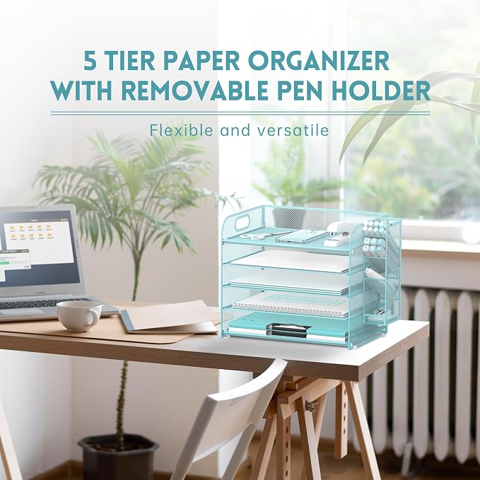 5-Tier Paper Organizer for Desk with Pen Holders, Letter Trays, Blue | Metal Mesh Desktop File Organizer with Removable Trays and 2 Handles for Paper, Files, Mail, Folders in Office Home or School