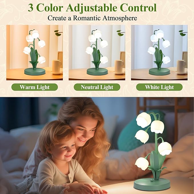WERFOP Vintage Lily of the Valley Flower Table Lamp Green | 3 Color Adjustable LED Bedside Lamp, Cute Night Light for Bedroom, Living Room, Dorm Room, Office & Home Decor (Green)