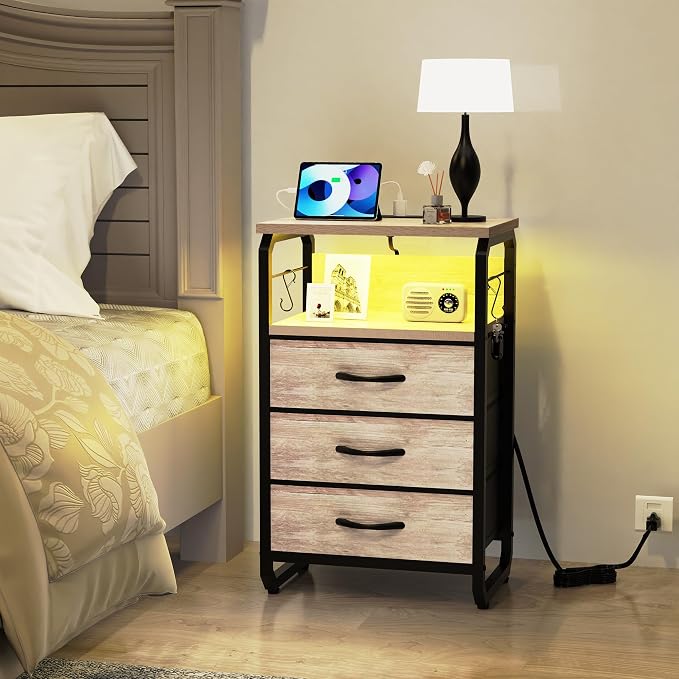 runjuly End Tables Set of 2 with Charging Station, LED Light, Hooks, Greige | 3 Large Fabric Drawers, USB C Ports & Power Outlets, Metal Night Stand Pair, Storage Nightstand for Living Room / Bedroom