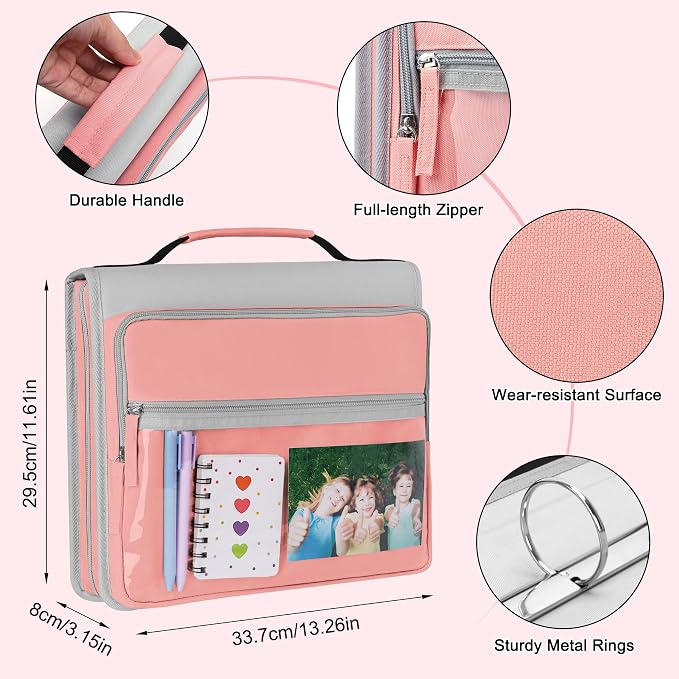 Ndsox Zipper Binder 3 Ring with Handle, 2 Inch O-Ring Document Organizer Middle School Binder with Zipper for Students, 5-Tab Expanding File Folder & 2 Mesh Pouches, DIY Clear Front Pocket, Pink