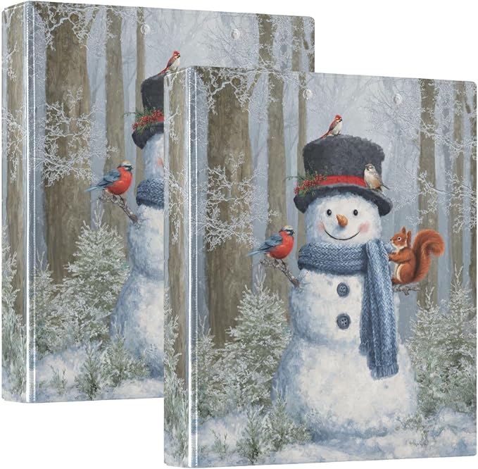 Woodland Animal and Cute Snowman Binder 3 Ring 1.5 Inch Binder with Clipboard&Pockets, Hardcover Binders Heavy Duty Large File Folder for Office School Supplies - Holds 200 Sheets, 2 PC