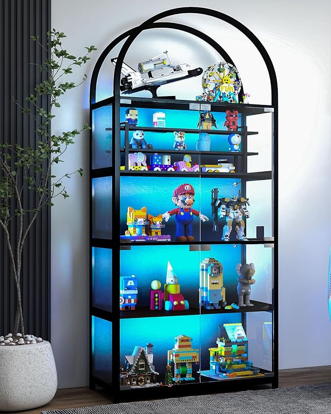 Display Arched Cabinet with Glass Doors, Curio Cabinet for Labubu Display 5-Tier Display Case with 7 Color RGB Lights for Collectibles, Display Cases for Book/Medal/Figure