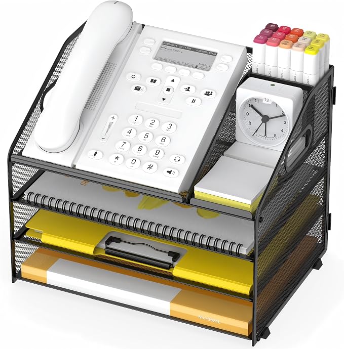 4 Tier Mesh Desk Organizer with Pen Holder and Handle Letter Tray | Metal desktop document shelf and paper sorter. Premium mesh workspace storage for office, home, and classroom