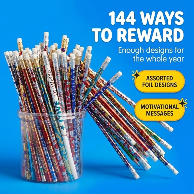 Anderson's Motivational Message Pencil Tub, Fun & Colorful Pencils, Perfect for School Supplies, Classroom Rewards, Creative Writing, Party Favors, and Motivational Gifts, Set of 144