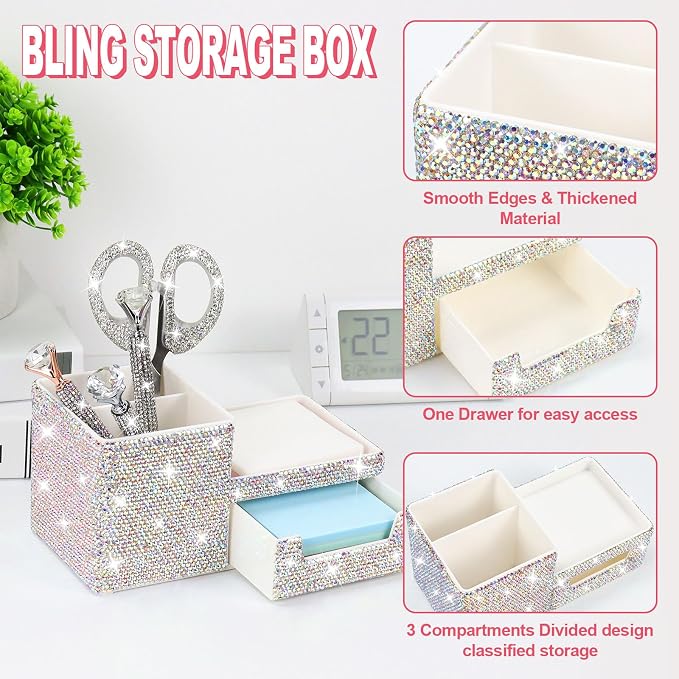 MultiBey Bling Silver Rhinestone Desk Accessories Set, 4 Pcs | Crystal Office Stationery Kit with Drawer Organizer, Paper Clip Holder, Scissors & Diamond Pen Desktop Decor & Gift for Women