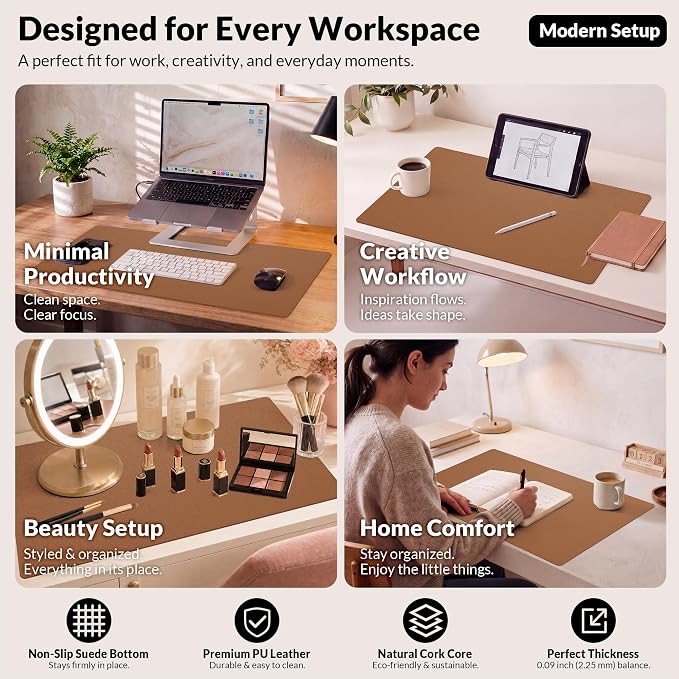 AFIING Leather Desk Mat 35.4" x 17", Brown | Dual-Sided Cork & PU Leather, Large Mouse Pad, Non-Slip & Waterproof