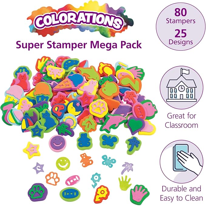 Colorations Super Stamper Mega Pack, 80 Stamps, 25 Designs | Ages 4+, PreK+, Variety Pack for Kids' Arts, Crafts and Creative Projects