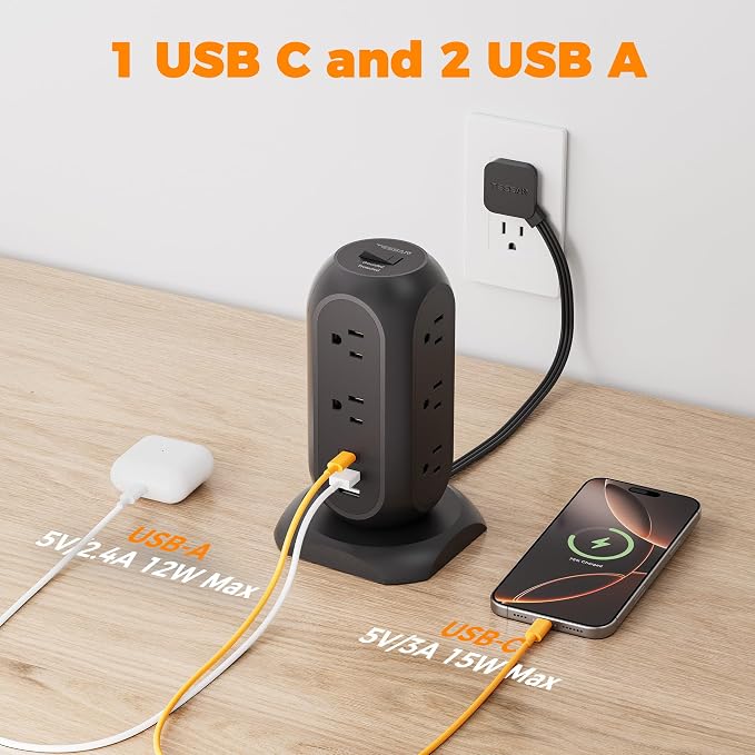 TESSAN Tower Power Strip Flat Plug with 1050J Protection, 10 Ft, Black | 11 Outlets 3 USB (1 USB C), Surge Protector Power Tower, Extension Cord with Multiple Outlets, Dorm, Office Desk Supplies